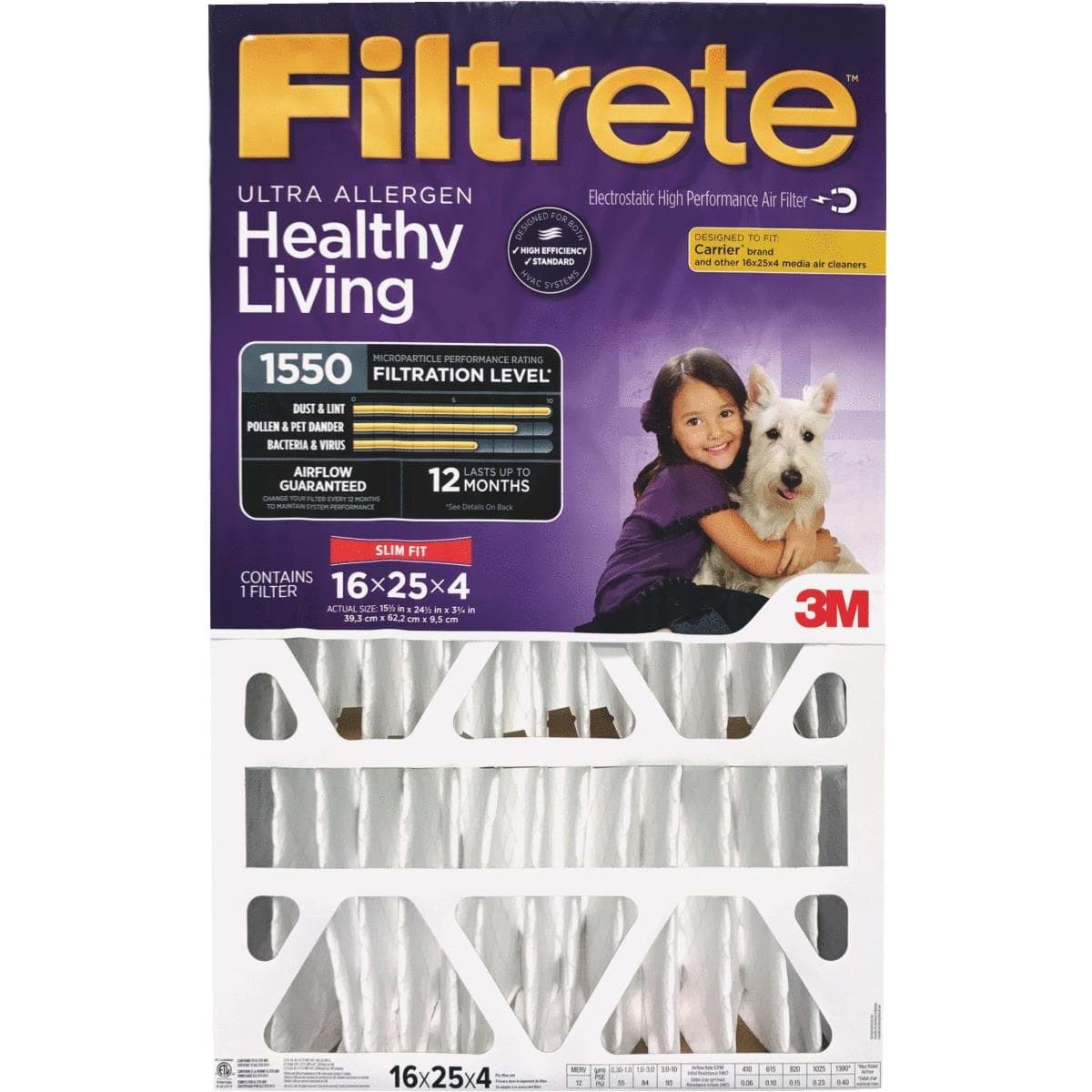 Picture of 3M Filtrete Ultra Allergen Healthy Living Deep Pleat Air Conditioner & Furnace Filter - 16"x25"x4" (Slim Fit)