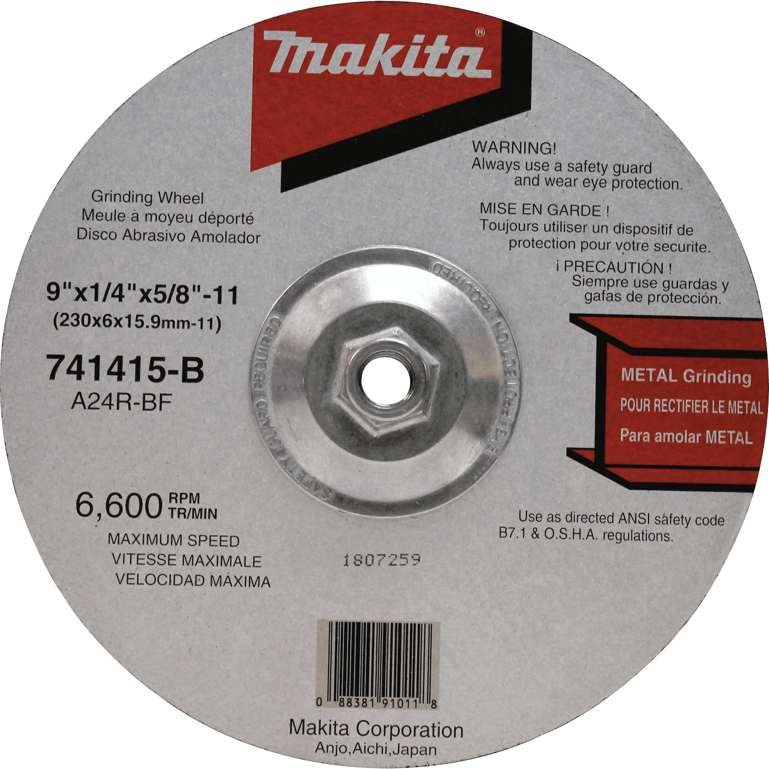 Picture of 9" x 5/8"-11 x 1/4" Hubbed Grinding Wheel, 24 Grit, 10/pk