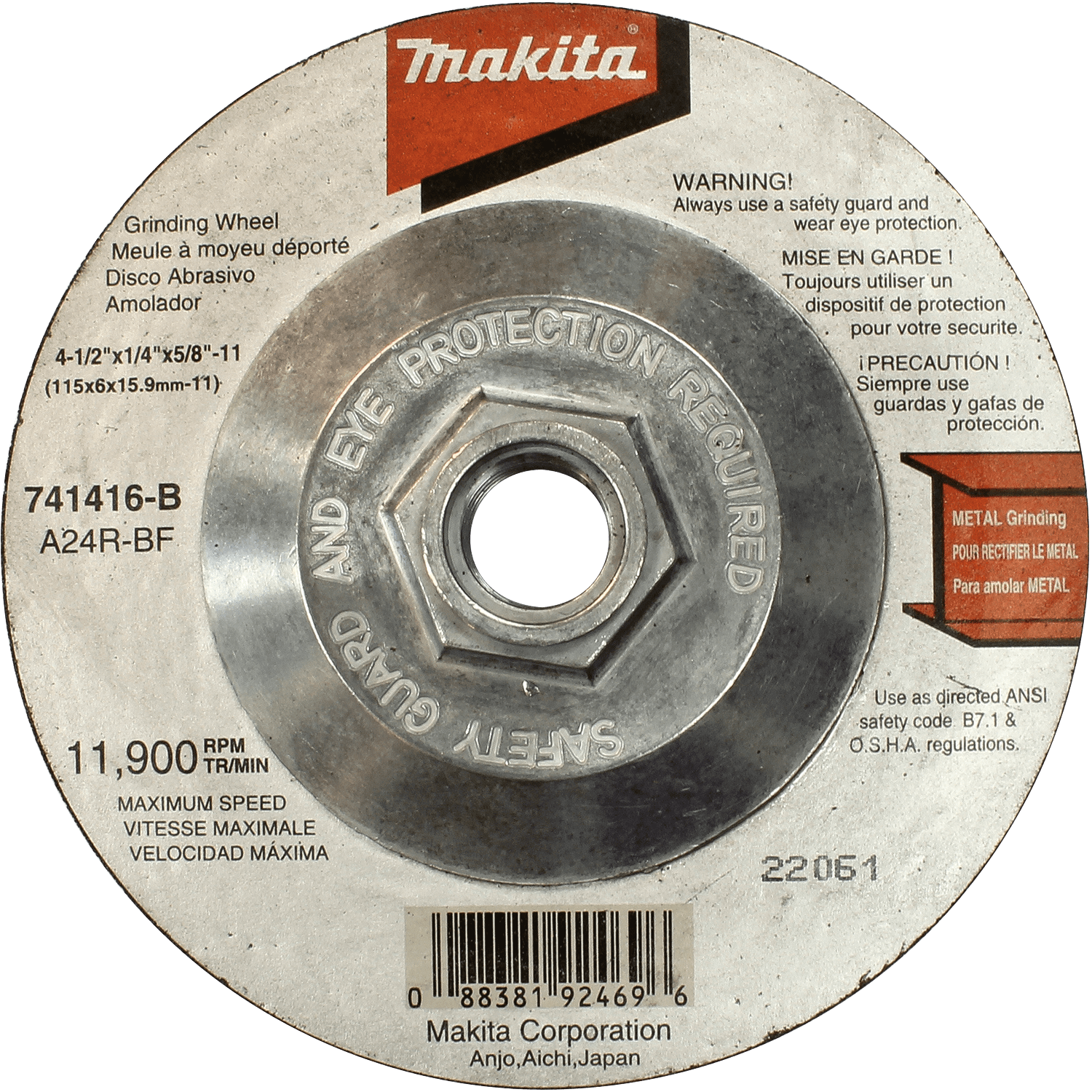 Picture of 4-1/2" x 5/8"-11 x 1/4" Hubbed Grinding Wheel, 24 Grit, 10/pk