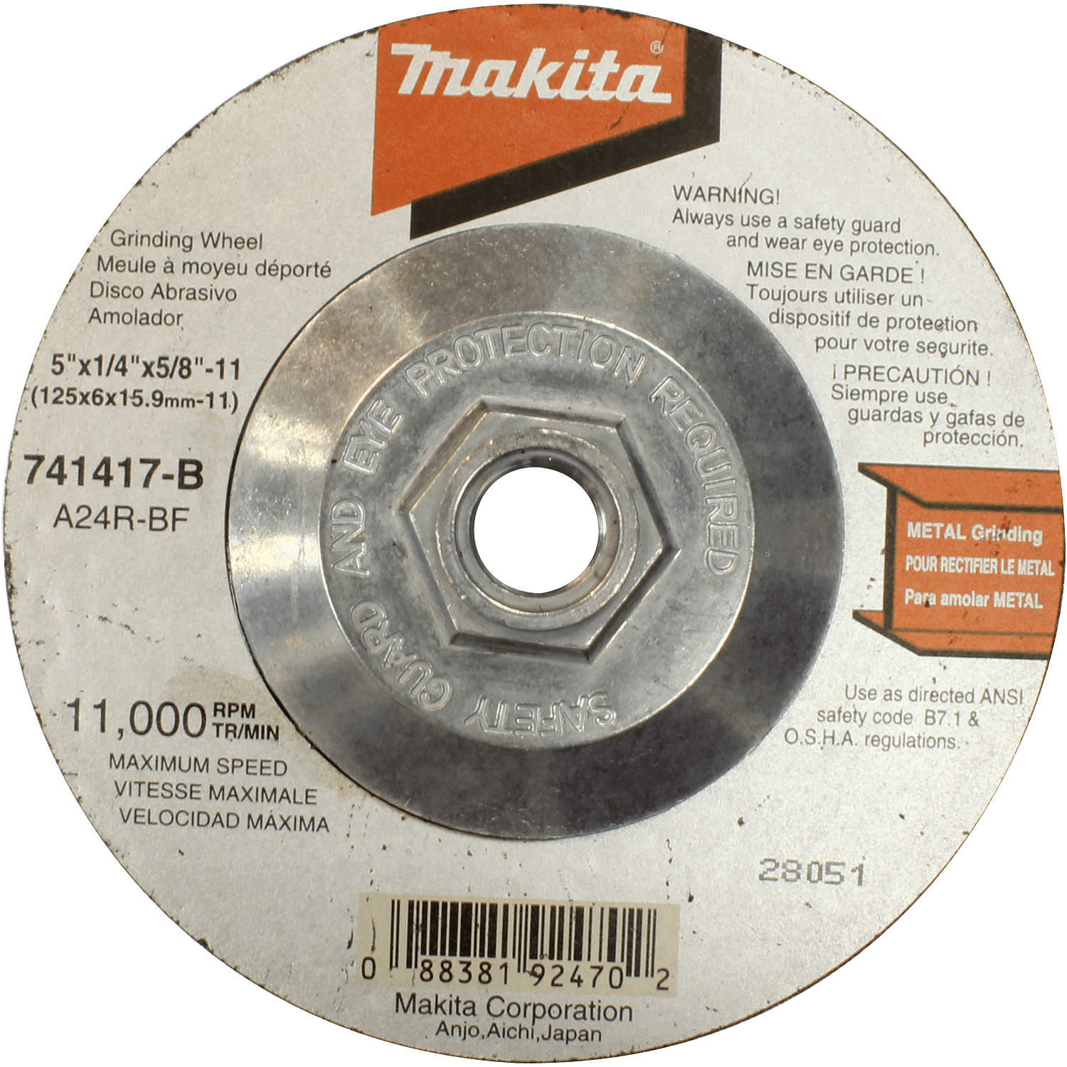 Picture of 5" x 5/8"-11 x 1/4" Hubbed Grinding Wheel, 24 Grit, 10/pk