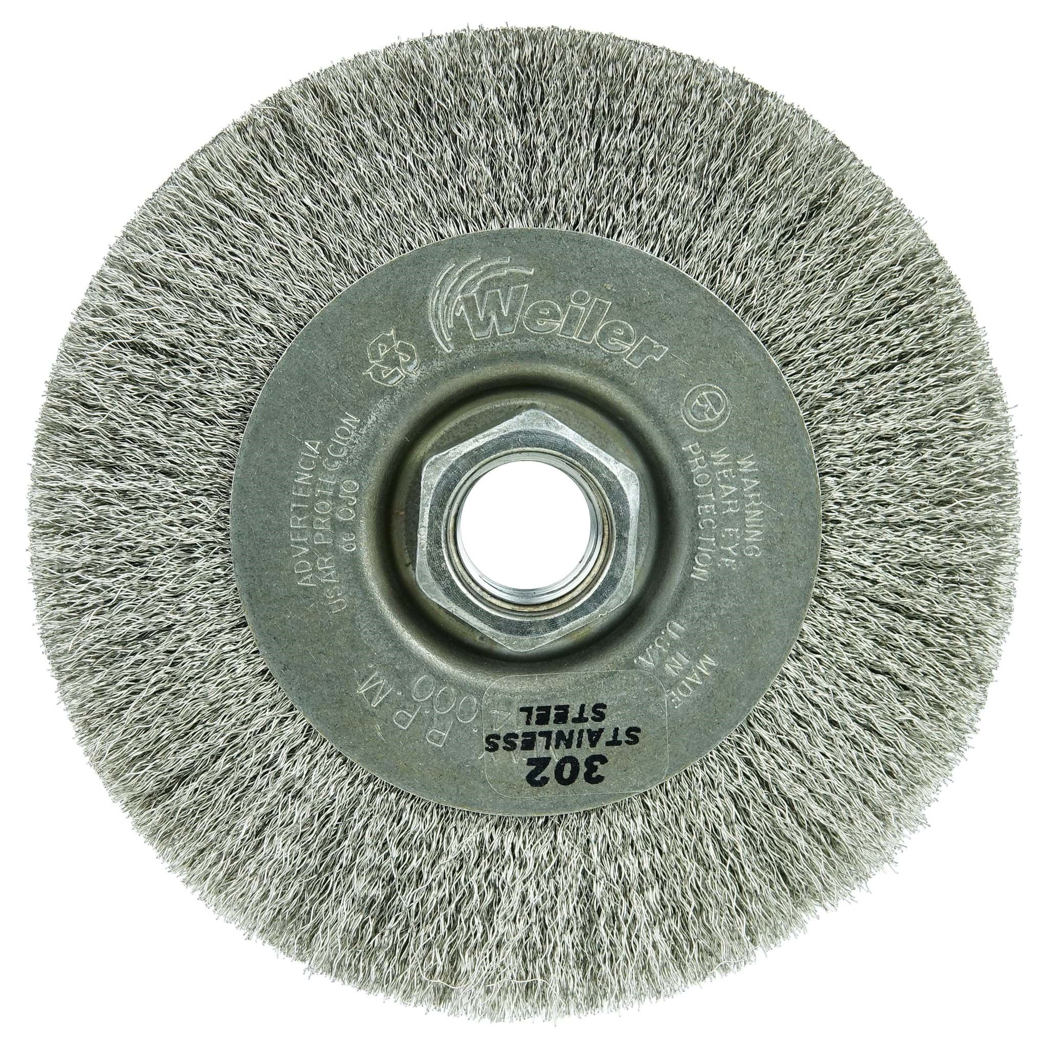 Picture of 4" Narrow Face Crimped Wire Wheel, .006 Stainless Steel Fill, 5/8"-11 UNC Nut