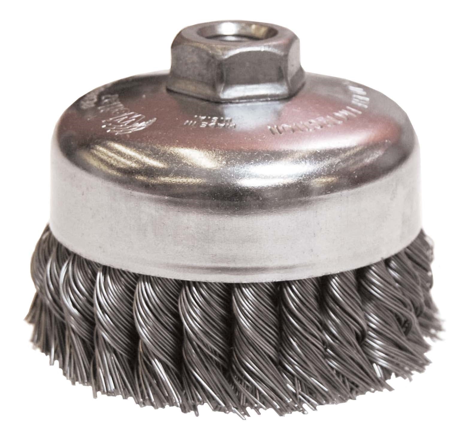 Picture of 4" Single Row Knot Wire Cup Brush. .014" Steel Fill, 5/8"-11 UNC Nut