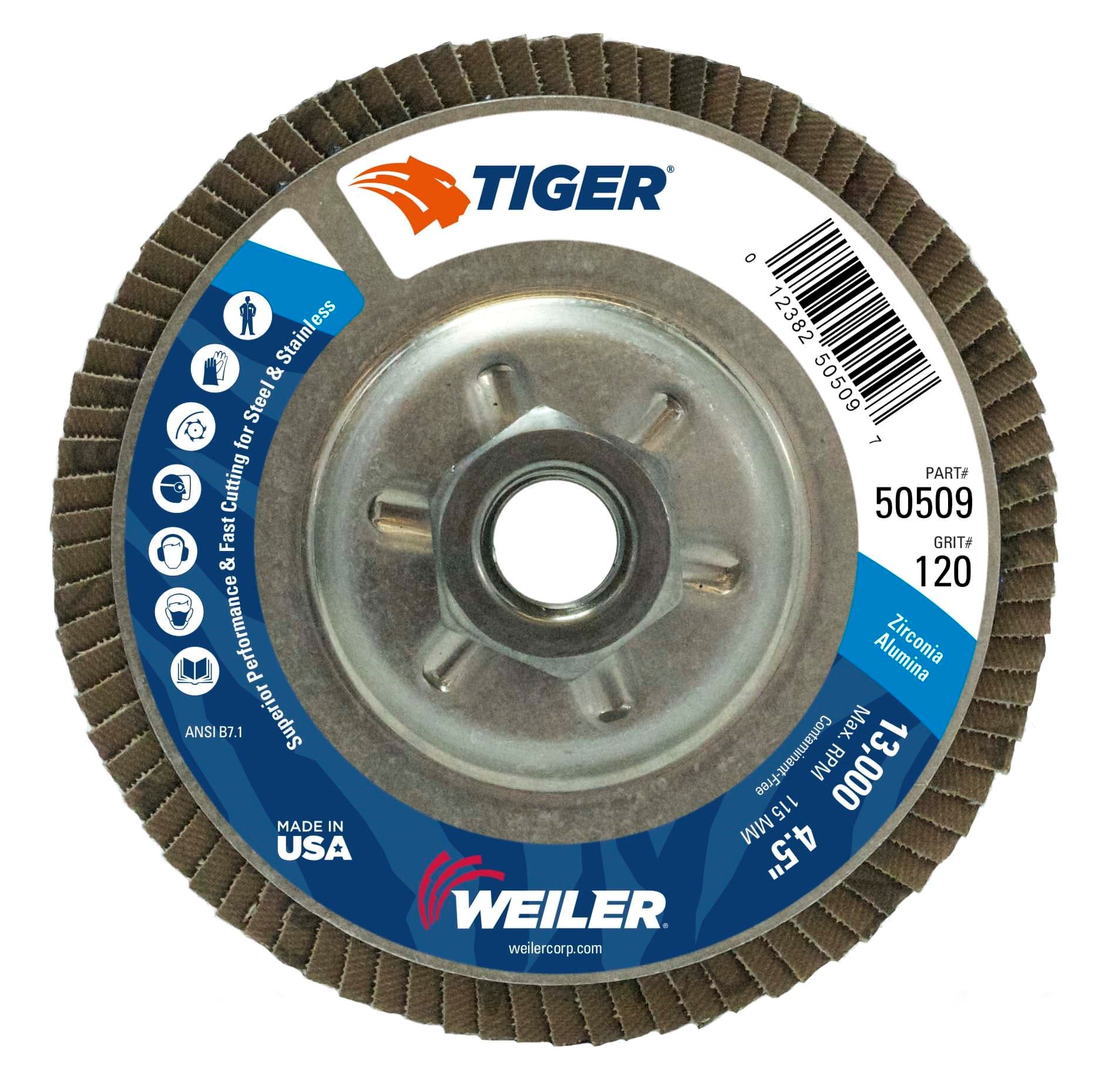Picture of 4-1/2" Tiger Disc Abrasive Flap Disc, Conical (TY29), Aluminum Backing, 120Z, 5/8"-11 UNC Nut