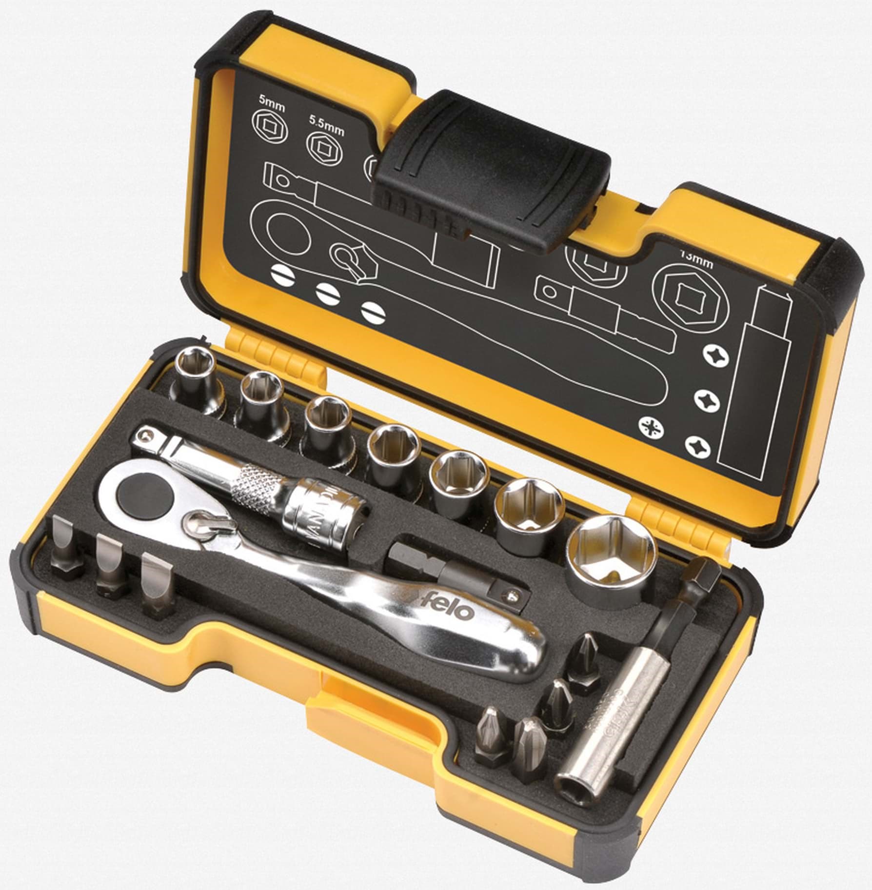 Picture of Felo XS 18pc Box Sockets, Bits, Mini Ratchet, Bitholder, INCH