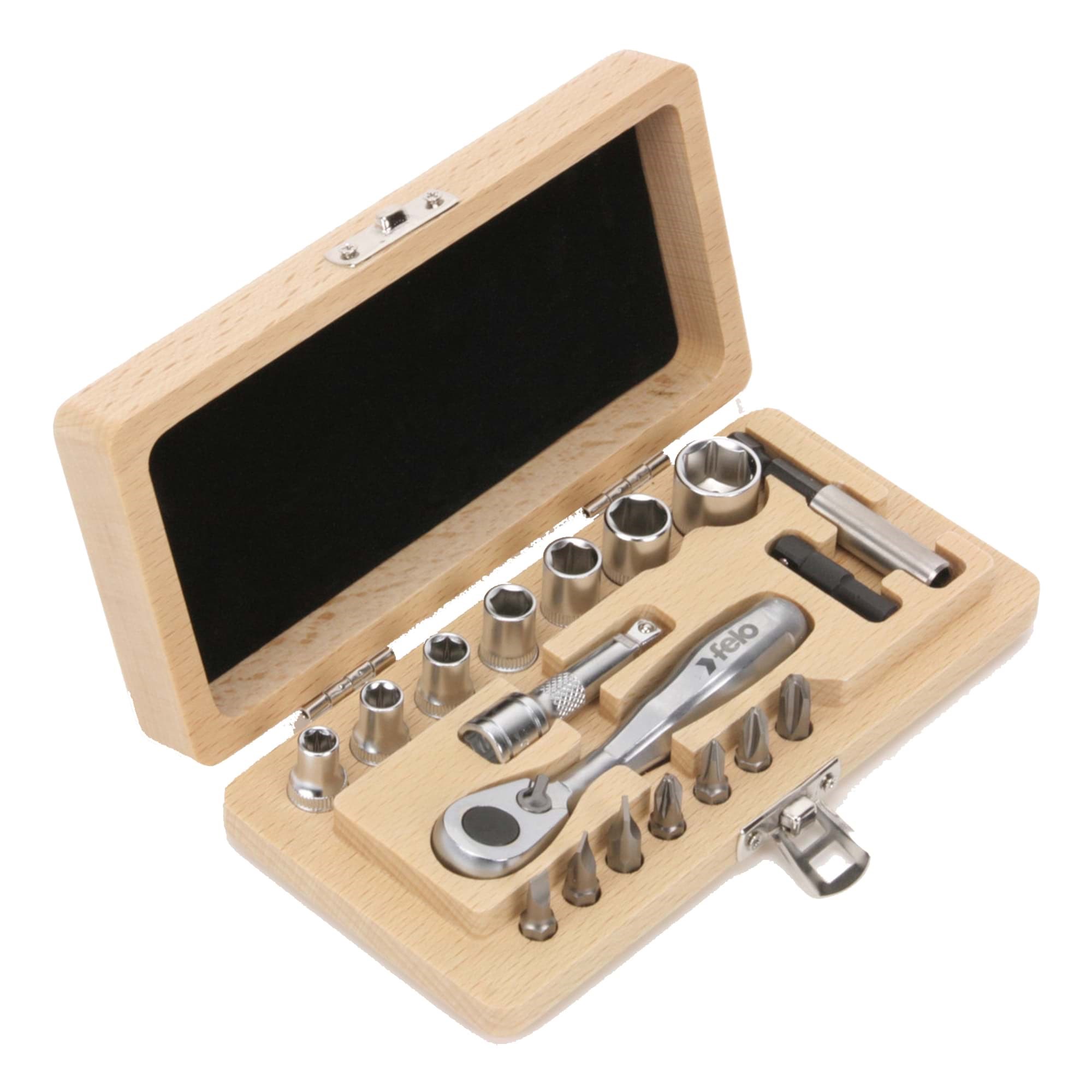 Picture of Felo XS Classic 18 Piece Wooden Box Sockets, Bits, Mini Ratchet, Bitholder